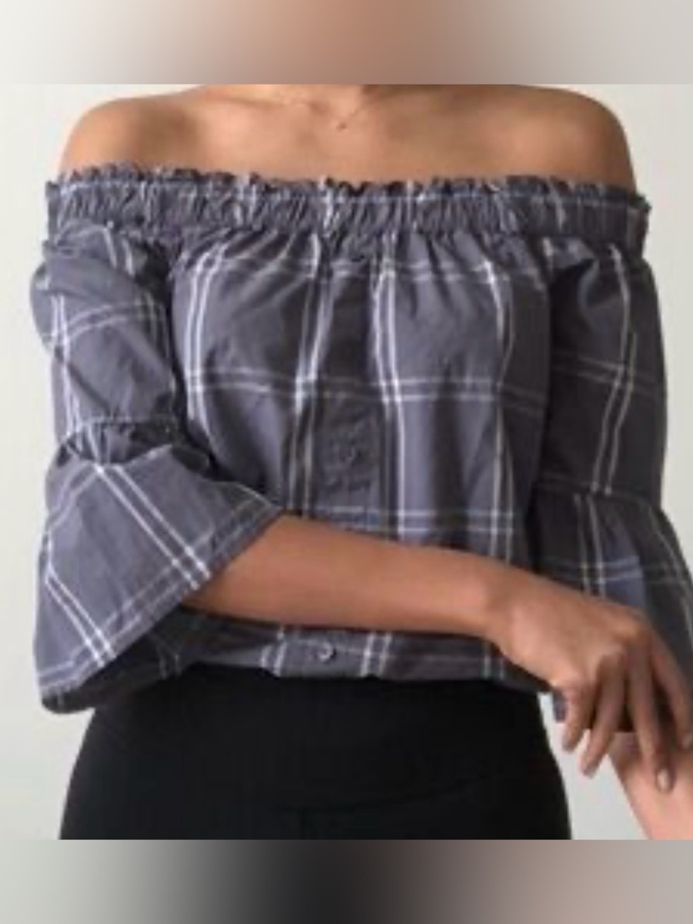 Abercrombie & Fitch Off-Shoulder On-Shoulder Gray Plaid Crop 3/4 Sleeve Top